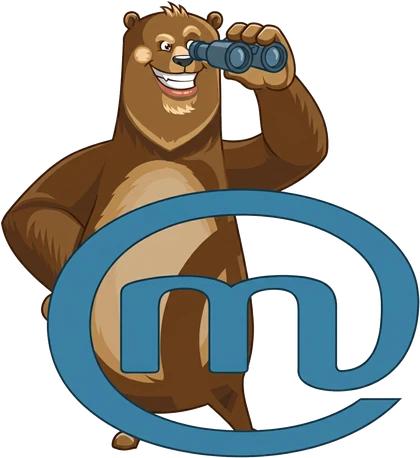 Mutz, der Multioffice-Bär, schaut durch ein Fernglas